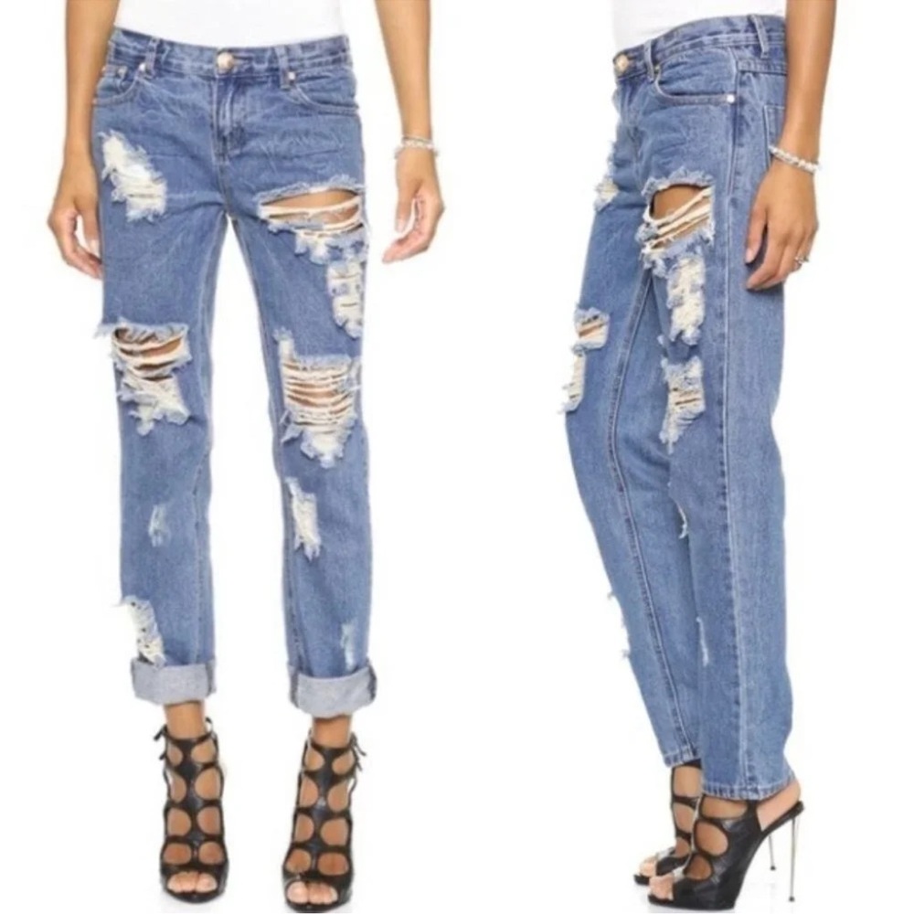 One Teaspoon Awesome Baggies Jeans Low Waist Relaxed Fit Distressed Cuffed 25